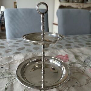 Vintage mid-century modern two tiered silver plate tray 10 inches tall unbranded